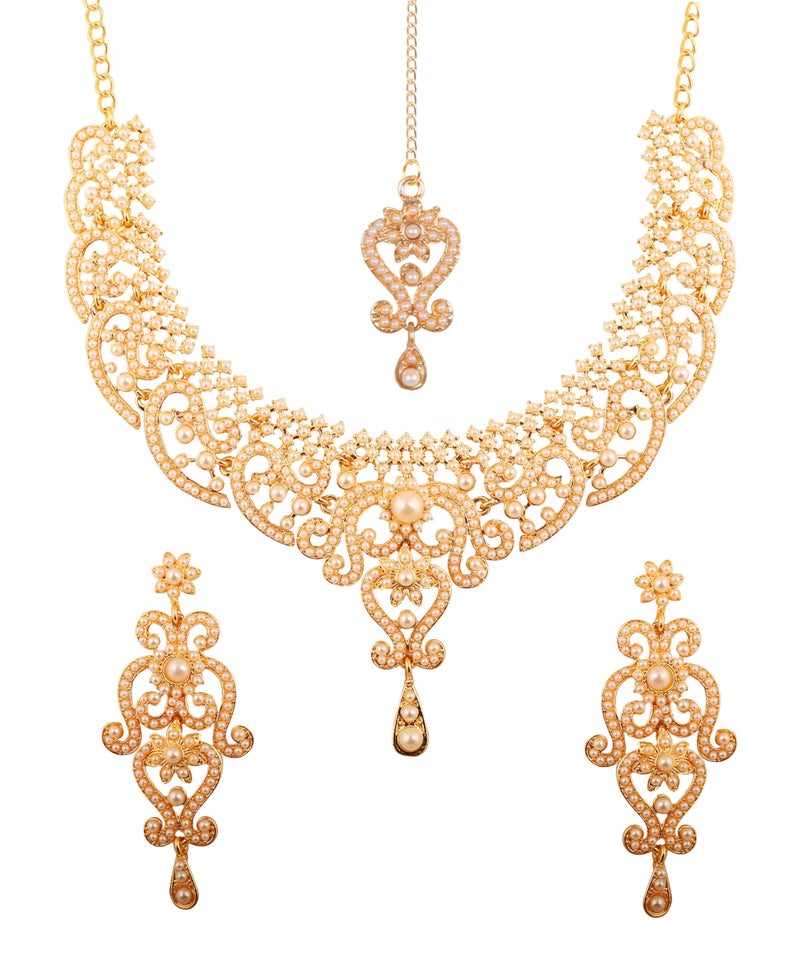 Touchstone Indian jewelry sets for women wedding bridal gold necklace bollywood desi jewellery gift party wear elegant faux pearls statement simple maang tikka bride accessories - Image 1